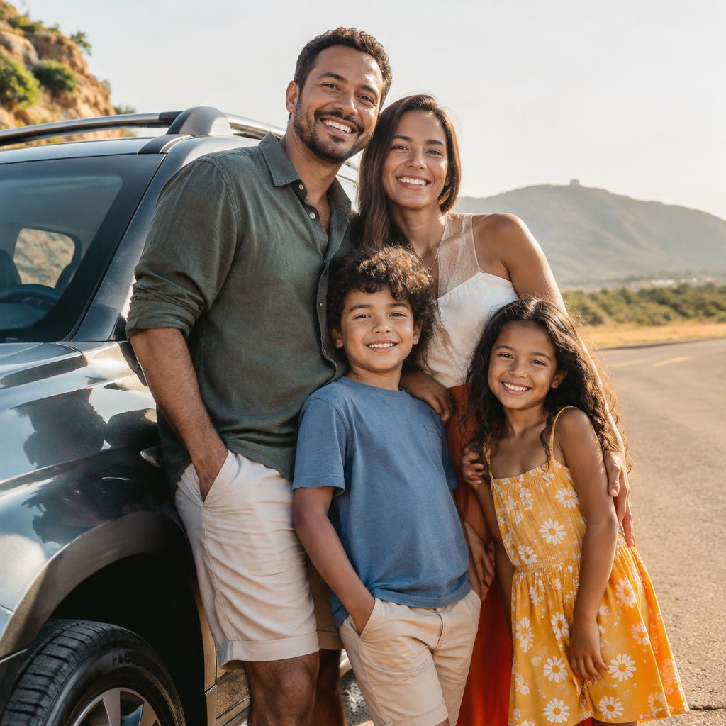 Família tranquila ao lado do carro protegido